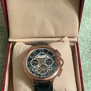 Luxury-Style Skeleton Automatic Watch – Rose Gold Tone – Leather Strap – Box
